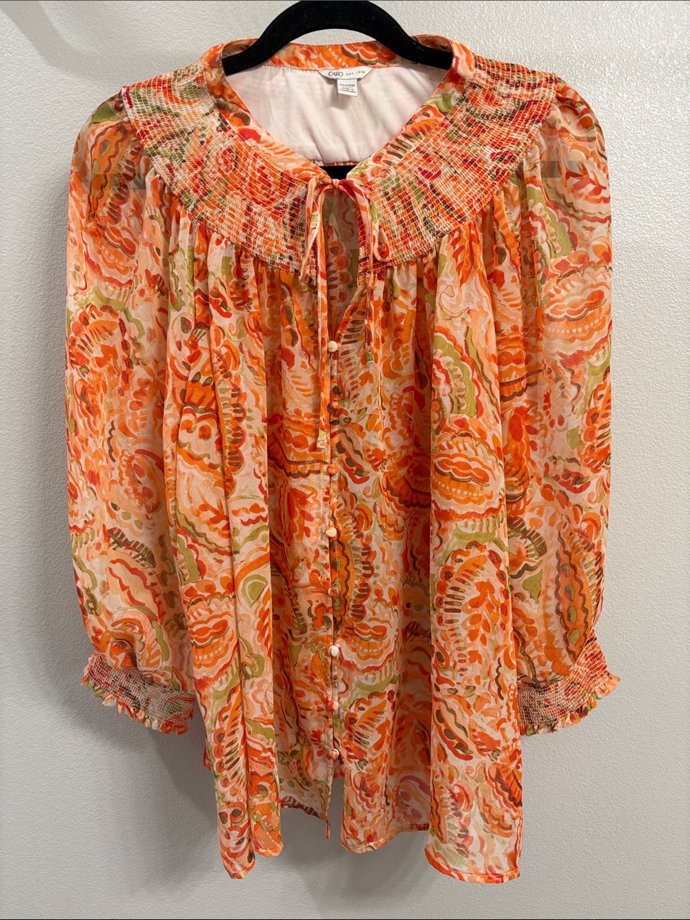 Cato Orange and Green Paisley Smocked Yoke Blouse